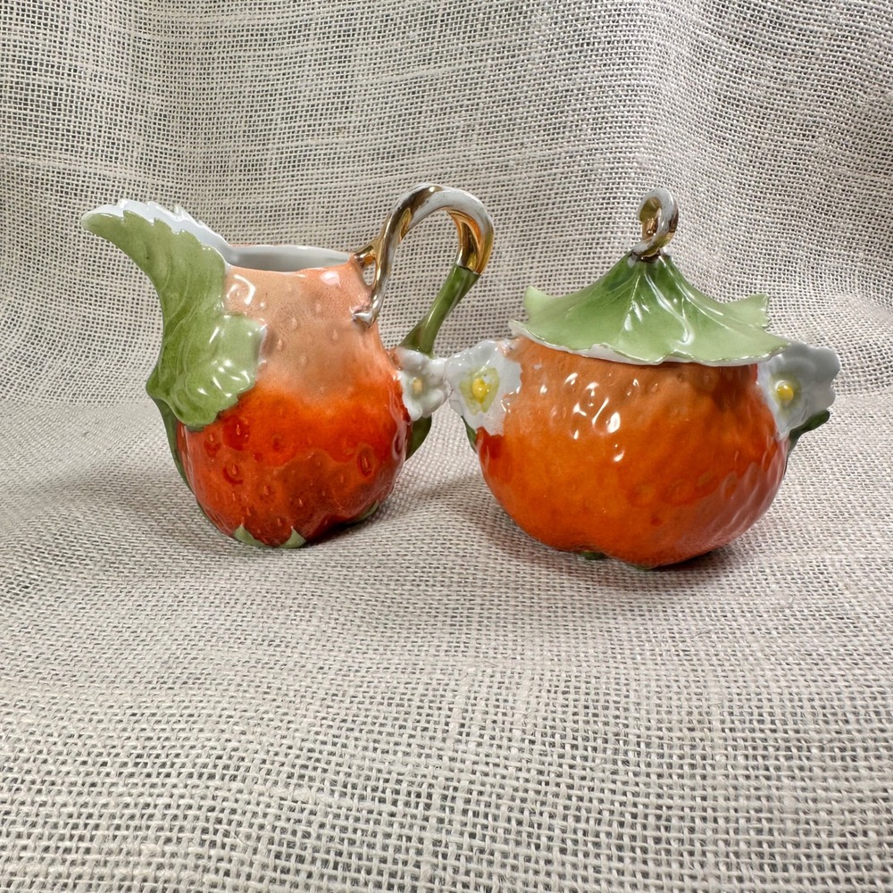 Royal Bayreuth Strawberry Creamer Sugar Bowl Set Vintage Porcelain Figural READ